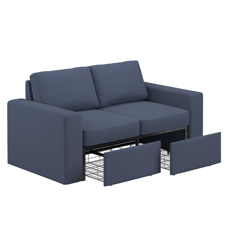 Ilic Upholstered Loveseat With 2 Hidden Metal Wire Storage Drawers, Blue