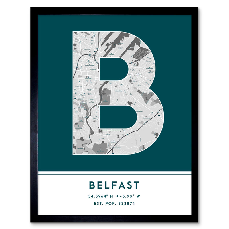 Belfast Northern Ireland United Kingdom City Map Teal - Single Picture Frame Typography