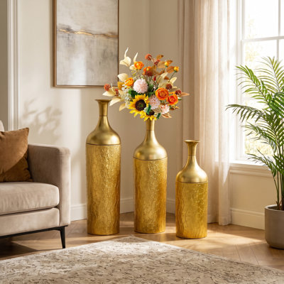 Gold Leaf Metal Floor Vases Set of 3, Tall Cylindrical Decor