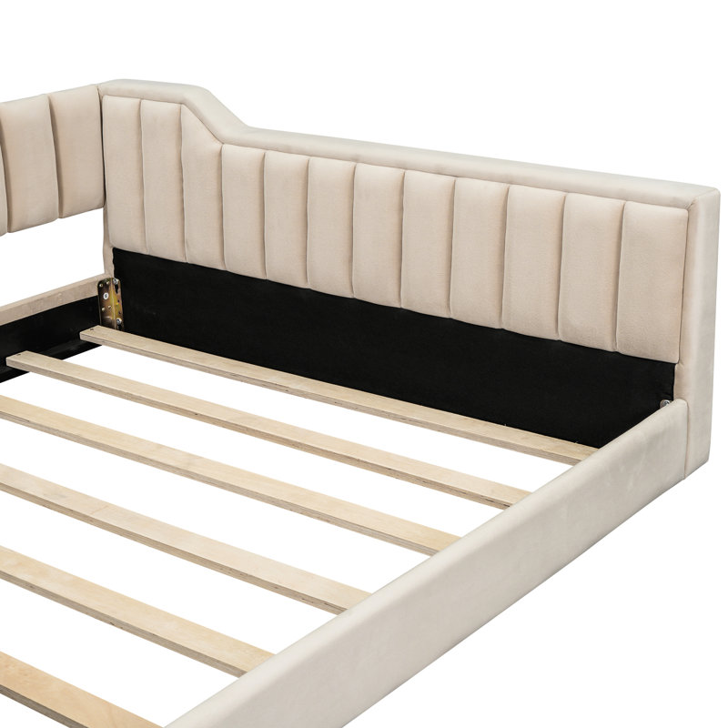 Lit de jour rembourré double TG en beige avec pochette de rangement - Moderne et pratique pour les espaces de vie Sans sommier, facile à assembler Revêtement côté élégant et confortable Toutes les pièces sont à ressorts requises, installation