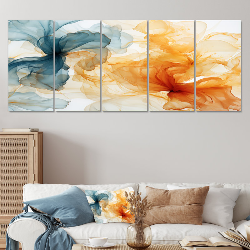 "Orange and Blue Echoes Ink Collages - Abstract Collages", art mural sur toile, H 32 po x l 80 po