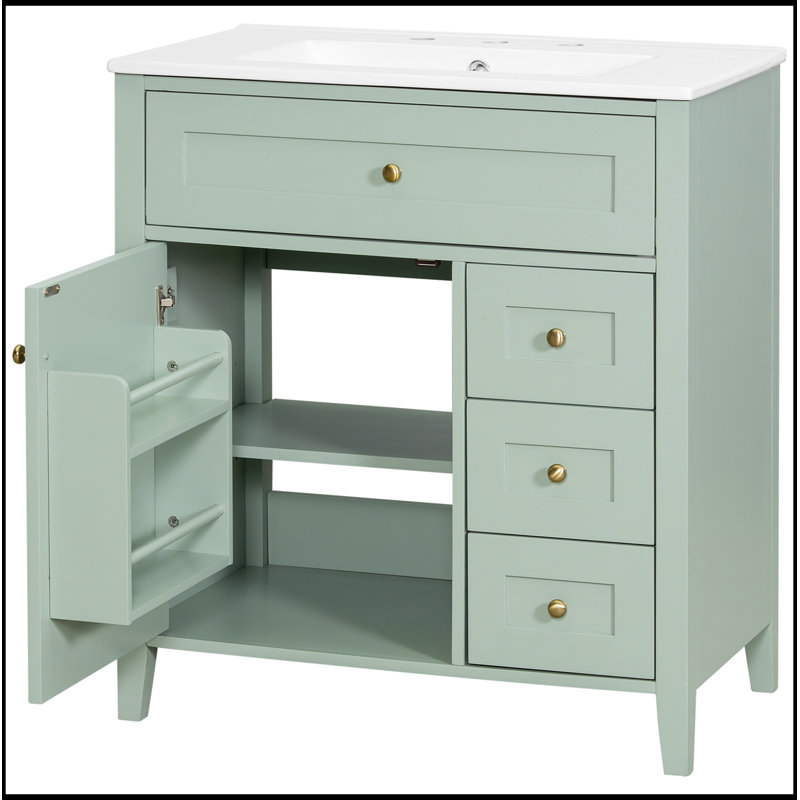 Meuble-lavabo avec lavabo, 3 tiroirs et tablette réglable, Light Green