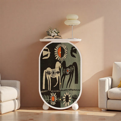 Oval Pine Wood Art Storage Cabinet
