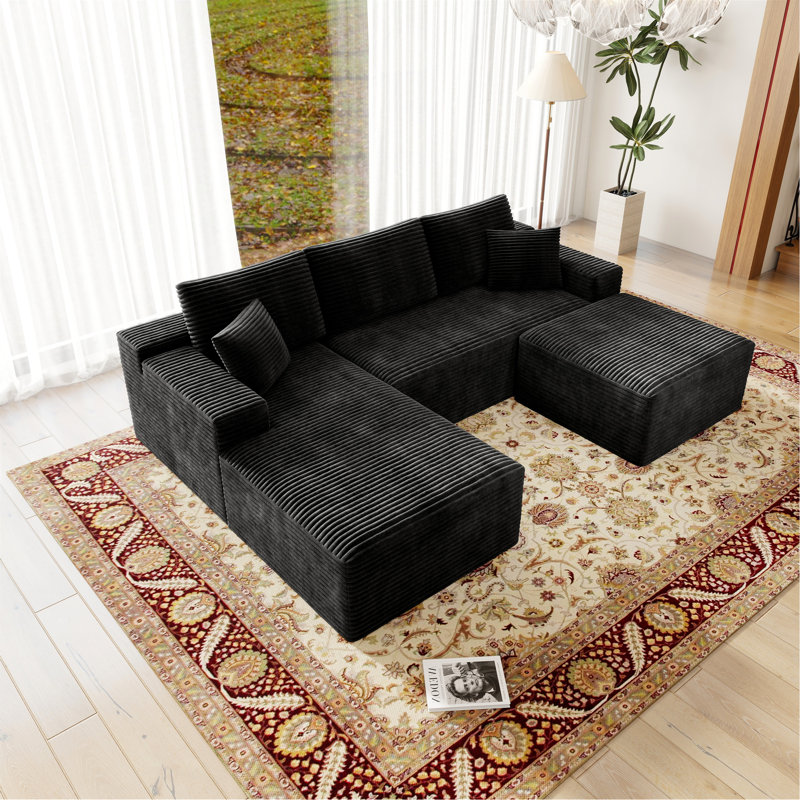 104.3*70.8"Modular Sectional Sofa Seat,Upholstered Compressed Couch For Living Room,Bedroom,Apartment,No Assembly Required,3 PC Free Combination,Plush Corduroy Fabric,BLACK