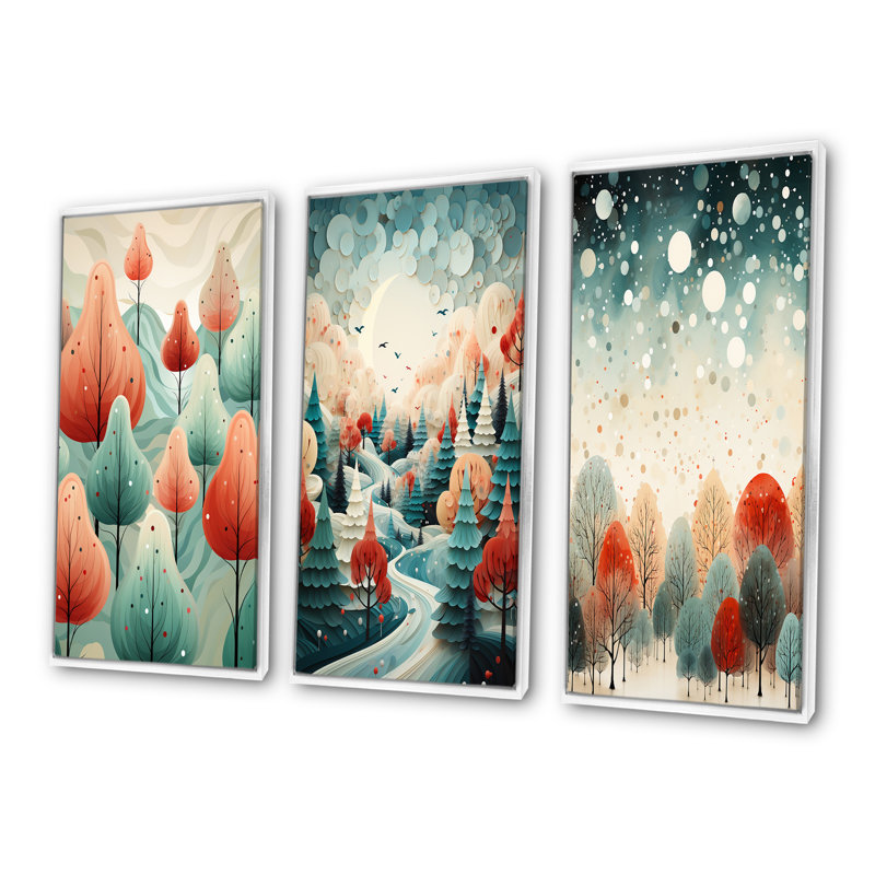 Ensemble de 3 impressions sur toile de pin de Noël orange et vert, Cadre flottant blanc, H 28 po x l 36 po