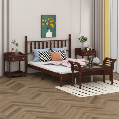 Queen Size Platform Bed With Gourd Shaped Headboard, Storage Nightstand And Bench With Turned Legs