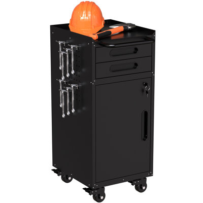 34.3" Space Tool Organizer - Slim Design With Lockable Lower Cabinet, 2 Drawers And Ergonomic Handle, Quick Setup, Black Metal Narrow Rolling Storage Unit Compact Solution For Tight Workshop Areas,