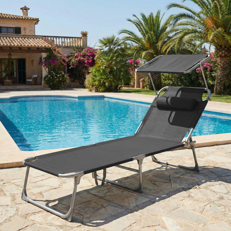Sun Lounger, Deck Chair Folding, Sunbed, 76 X 20.9 X 11.4 Inches, Max. Load 330 Lb, With Sunshade Headrest Adjustable Backrest, For Terrace Pool Garden, Dark Gray