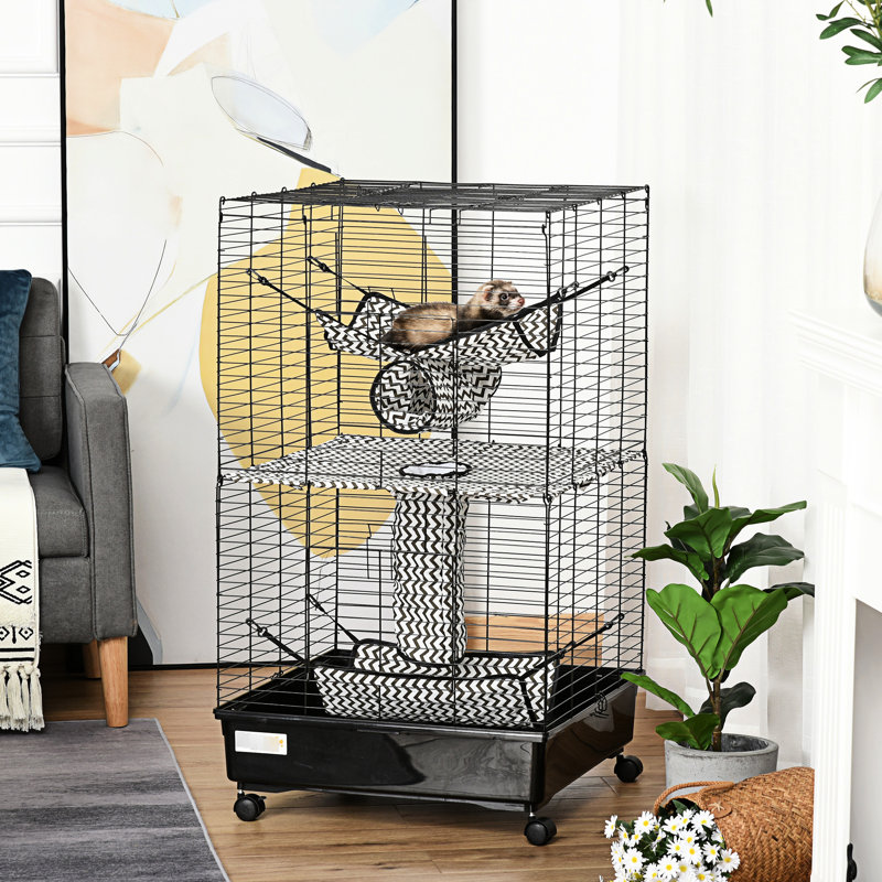 Cage pour animal de compagnie 42 po, noire - Comprend des roues, des freins et plusieurs plateformes pour petits animaux