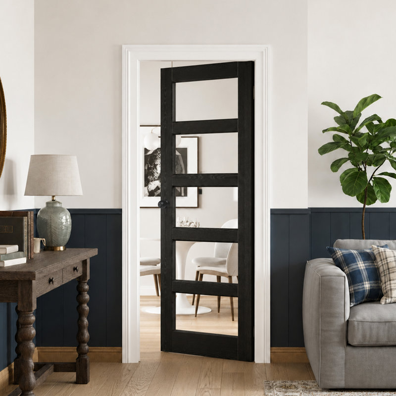 Porte dalle - 5 portes intérieures en verre noir avec poignée ronde noire, 24 po x 80 po