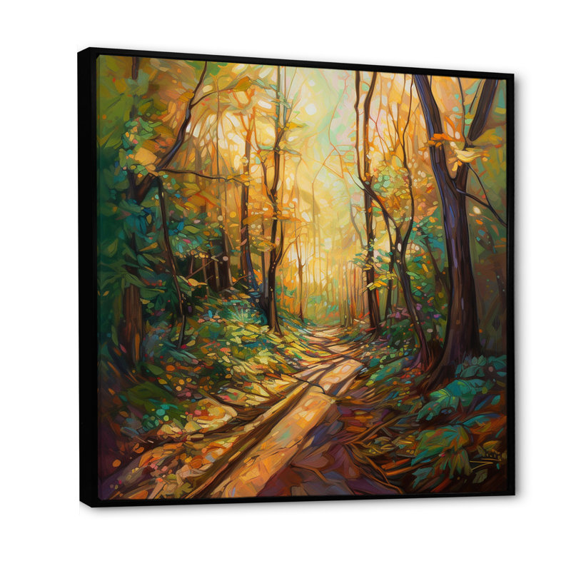 «Sunlight Through Trees In Autumn Forest Trail I», reproduction sur toile, H 24 po x l 24 po x P 1 po, Cadre flottant noir