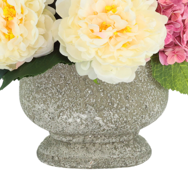 Peonies and Hydrangeas Arranged in a Stone Pot with Butterfly Magnolias