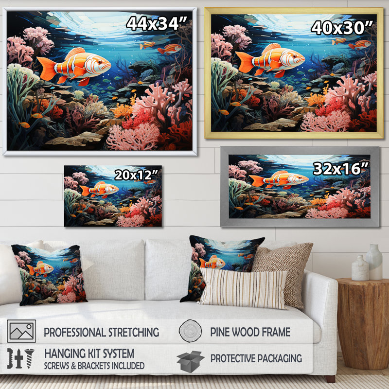 Underwater Coral Reef Profondeurs V sur toile, Cadre flottant doré, H 30 po x l 40 po x P 1,5 po