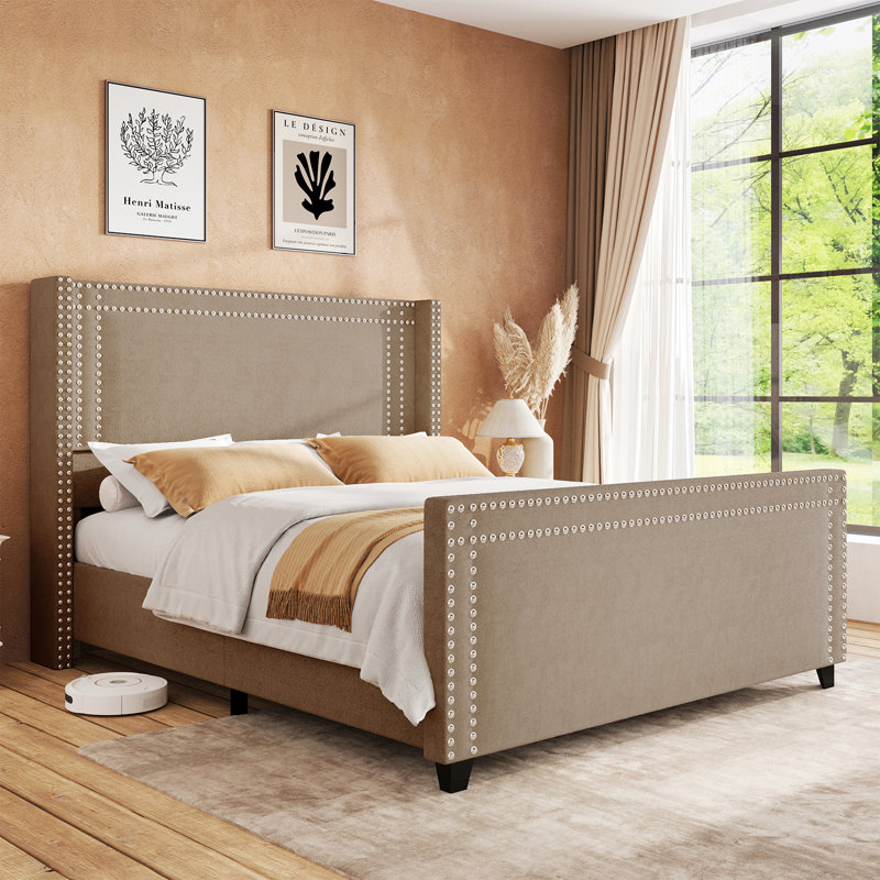 Queen Brown Chenille Upholstered Bed with Nailhead Trim