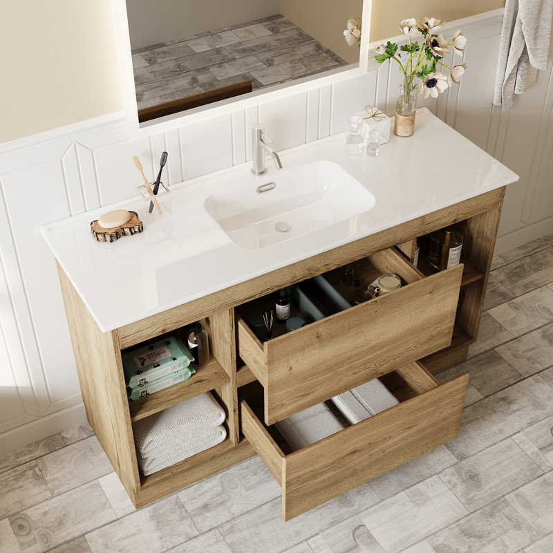 Meuble-lavabo autoportant en pierre frittée 48 po avec 2 tiroirs à fermeture en douceur, meuble-lavabo en bois massif avec lavabo et tablettes ouvertes