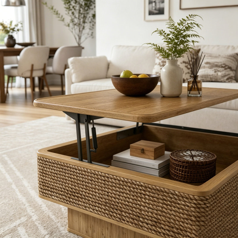 Square Rattan + Hemp Rope Coffee Table with Adjustable Storage Function