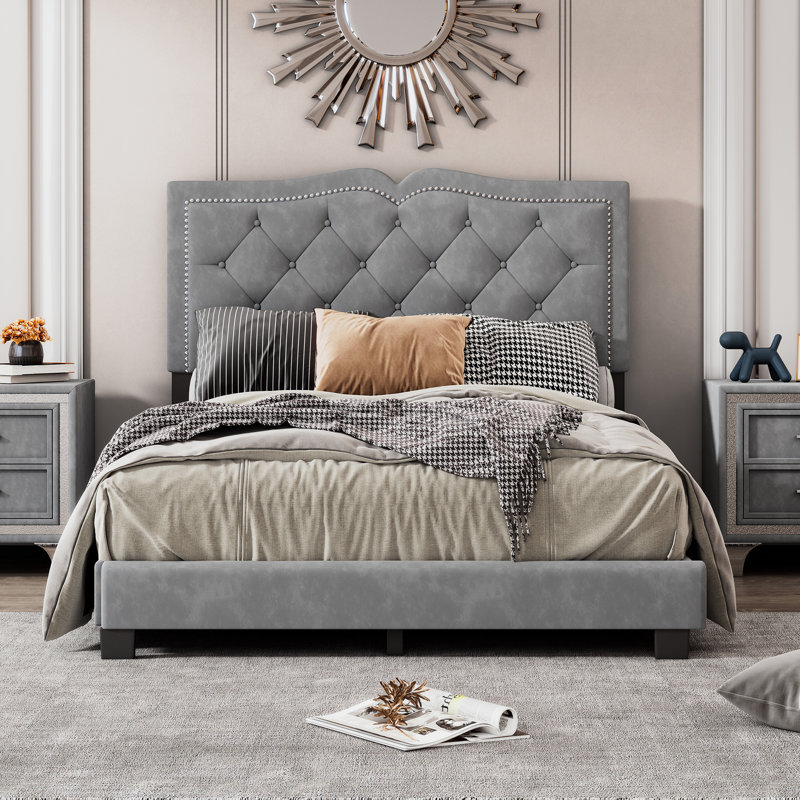 Modern Grey Full Size Upholstered Platform Bed With Rivet - Embellished Headboard, Solid Frame, 10 Slats Support Decorated Design, No Box Spring Needed