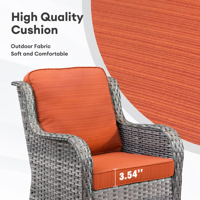 Ensemble de chaises berçantes d'extérieur en rotin avec coussins Tommy, gris, Orange-rouge