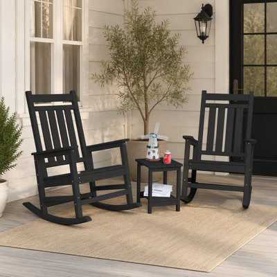 Ensemble de chaises berçantes toutes saisons avec table d'appoint, mobilier de patio 3 pièces à texture de bois, gris, confortable et durable