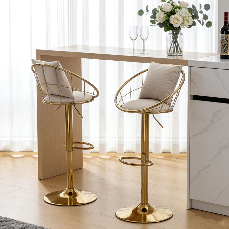 Velvet Soft Padding Adjustable Height Bar Stools (Set of 2), Beige 