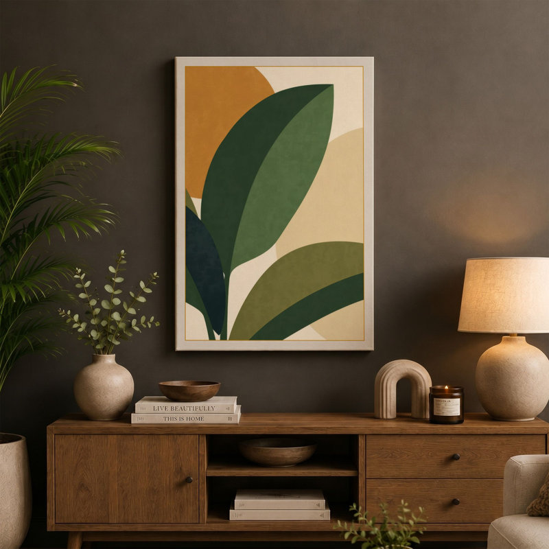 Leaves and Sun Mid-Century - Wrapped Canvas, 30x20 - 76.2 x 50.8 cm, Ochre Border