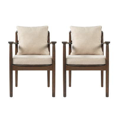 Mid-Century Modern Dining Chair Set of 2, Solid Rubberwood Frame with Walnut Finish, Beige Fabric Upholstered Arm Chairs for Kitchen and Restaurant