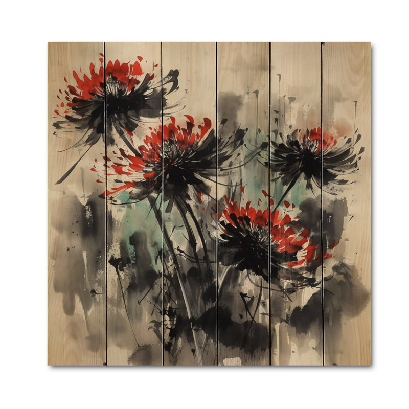 Stenamezon, fleur rouge floue sur bois, H 15 po x l 15 po x P 0,78 po