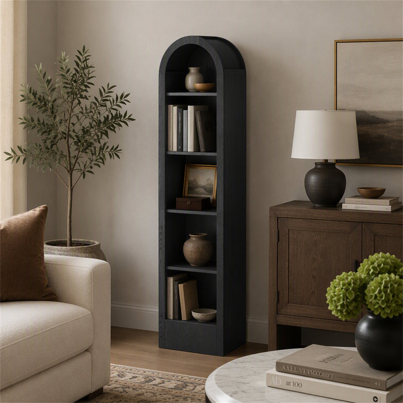 Petite bibliothèque cintrée de 170 cm de haut, style moderne du milieu du siècle, à 5 niveaux, avec étagère ouverte pour salle à manger, salon ou chambre.