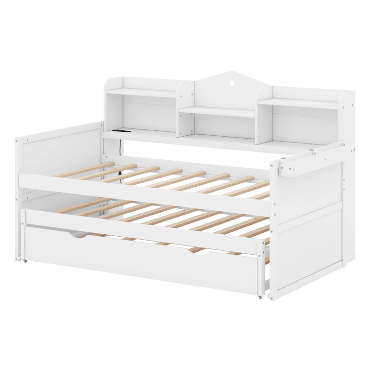  Twin XL Size Daybed with 2 Trundle Beds, Wood Twin XL Platform  Bed with 3 Storage Shelf, USB Charging and 1 Light, Trundle Bed, Twin xl  Bed Frame for Bedroom and