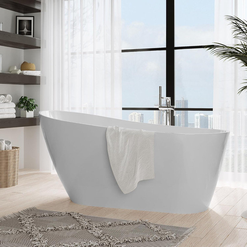 59"/67" Freestanding Bathtub, White Acrylic Soaking Tub with Chrome Drain, cUPC Certified, Glossy White