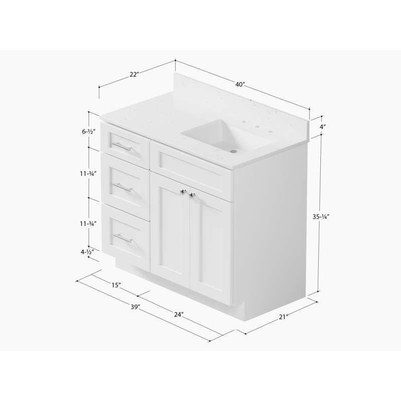 Disar 40'' Single Bathroom Vanity with Quartz Top, White, Right