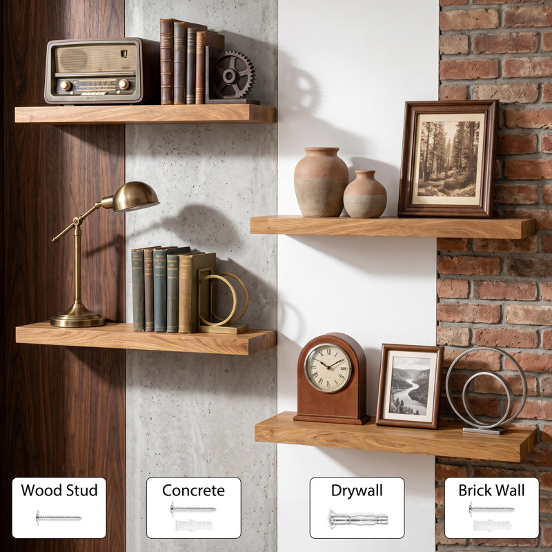 Desseray Set of 2 Reclaimed Elm Floating Shelves, Natural, 1.5" H x 36" W x 8" D