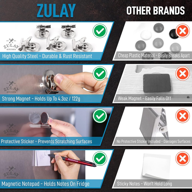 Ensemble de 12 aimants pour tableau blanc et réfrigérateur Zulay Kitchen - Pinces magnétiques robustes pour réfrigérateur avec bloc-notes