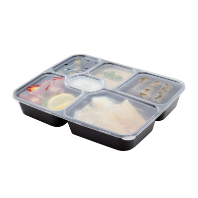 Restaurantware-Asporto 53 Ounce Food Containers, 100 Microwavable Take Out Food Containers - Clear Plastic Lids Included, WIth 6 Compartments, Black Plastic Catering Container, Disposable