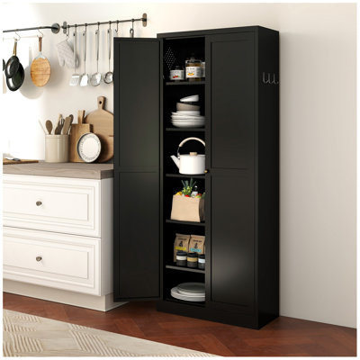 72" Black Metal Kitchen Pantry Cabinet With Doors, Heavy-Duty Freestanding Storage Organizer With 5 Adjustable Shelves, Tool-Free Assembly For Pantry, Kitchen, Bathroom