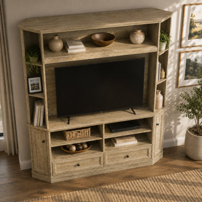 Meuble télé d'angle 66,9 po avec rehausse et tablettes réglables, centre multimédia hexagonal pour petits espaces, finition chêne vieilli