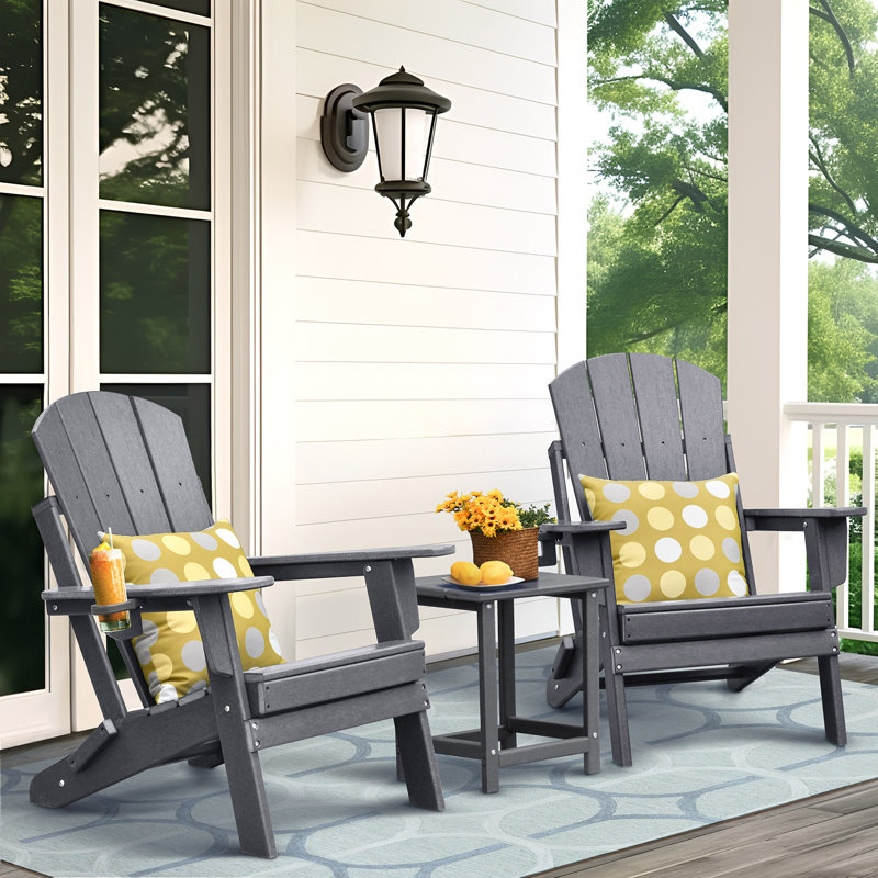 All-Weather High-Density Polyethylene (HDPE) Foldable Adirondack Chair With Table, Two-Piece Set, Gray