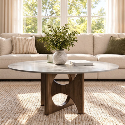 Arbor 31"/35"/43"  Wabi-Sabi Modern Round Coffee Table with Hollow Arch Solid Wood Base for Apartment & Living Room