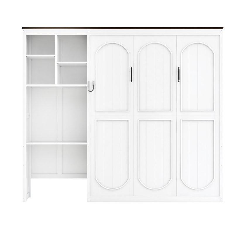 Grand lit escamotable avec bureau, armoire de rangement et appliques murales, lit escamotable pliable peu encombrant pour bureau à domicile et chambre d'amis, blanc