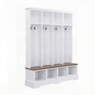 Farmhouse Hall Tree With 8 Hooks, Practical Entryway Bench With Open Compartments, Modern 3-In-1 Wooden Style Coat And Shoe Rack For Mudroom, Living Room