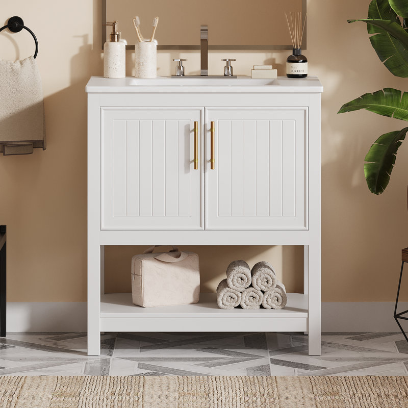 Meuble-lavabo blanc de 30 pouces avec lavabo en céramique et rangement pour petits espaces | Idée de cadeau, Blanc