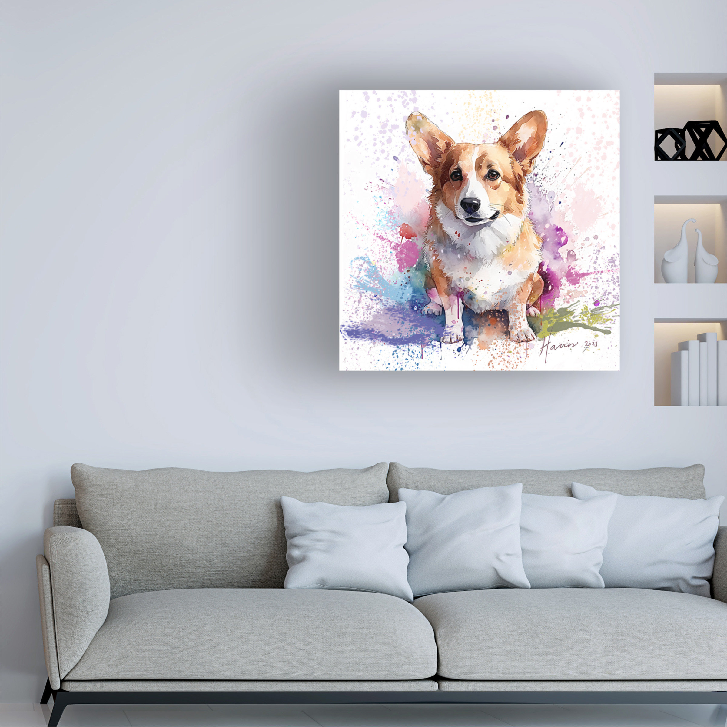 Corgi Dog Original Art Decorative Pillow, Abstract Throw Pillow