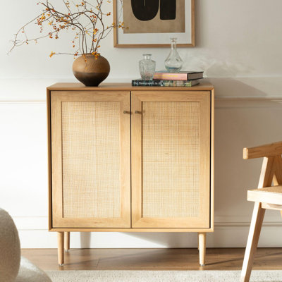 Armoire d'appoint 34,65 po en rotin 2 portes avec pieds en bois massif et tablettes réglables