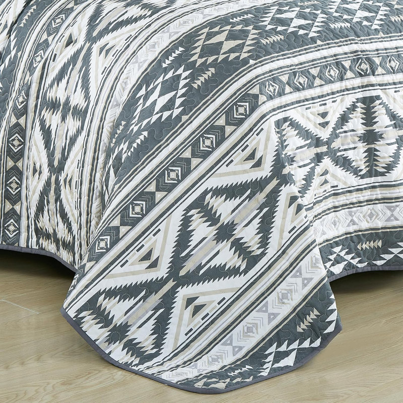 King White and Gray Southwestern Geometric Microfiber Quilt Set