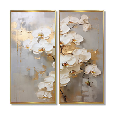 Minimalism Beige And Gold Orchids - Orchids Wall Decor, Beige Floral Framed Wall Art Set Of 2