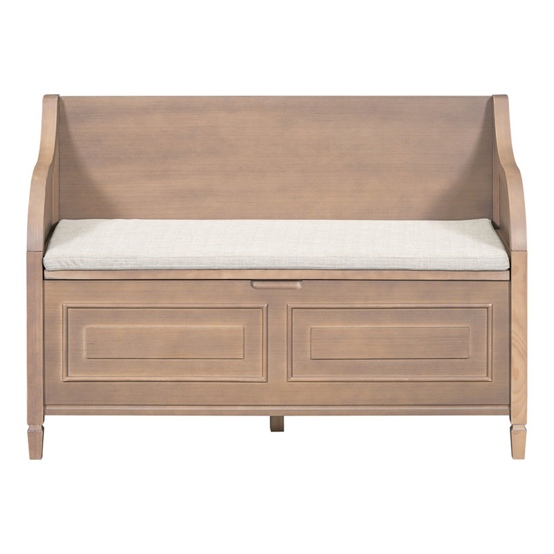 Banc de rangement rustique en bois massif avec charnière de sécurité et coussin beige, Naturel
