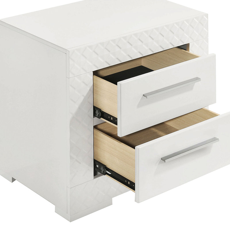 Table de chevet blanche 2 tiroirs ultrabrillante, Blanc brillant