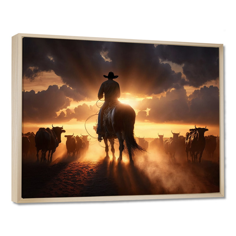 Narvin Wrangler In Sunset IV - art mural coucher de soleil, H 16 po x l 32 po x P 1 po, Maple Floater Framed
