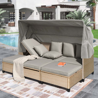 4 Piece UV-Proof Resin Wicker Patio Sofa Set With Retractable Canopy, Cushions And Lifting Table