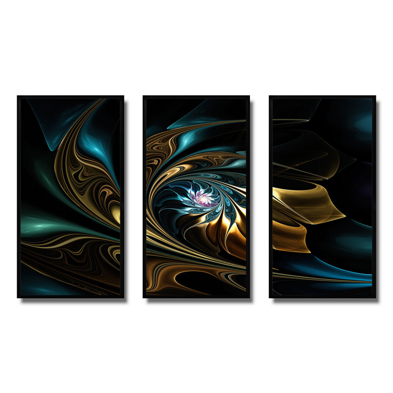 «Brown Blue Fractal Flower In Black», ensemble de 3 toiles abstraites encadrées, H 28 po x l 36 po x P 1 po, Cadre noir